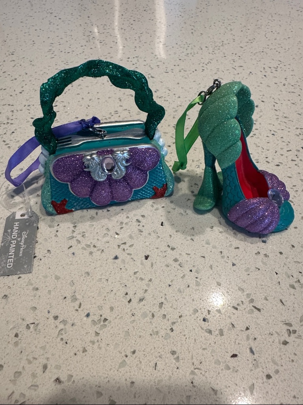 Disney Ariel ornaments,Teal, Purple & Green Glitter Purse wi/ matching Heel